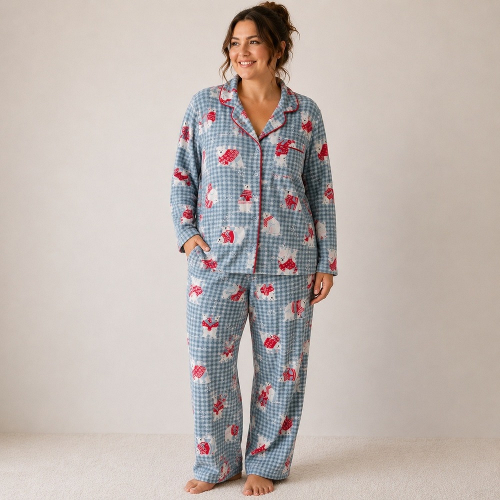 Karen Neuburger Polar Bear Plaid Fleece Pajama Set 1X Cabincore Cozy Holiday NWT